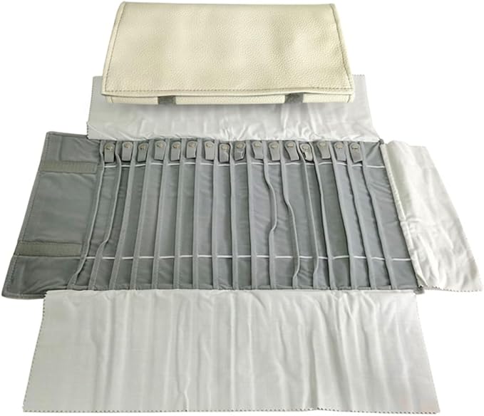 Portable Jewelry Roll Untangled Secure Necklace Travel Storage Bag Displays Holder 16 Chain (Gray PU and Gray Velvet)