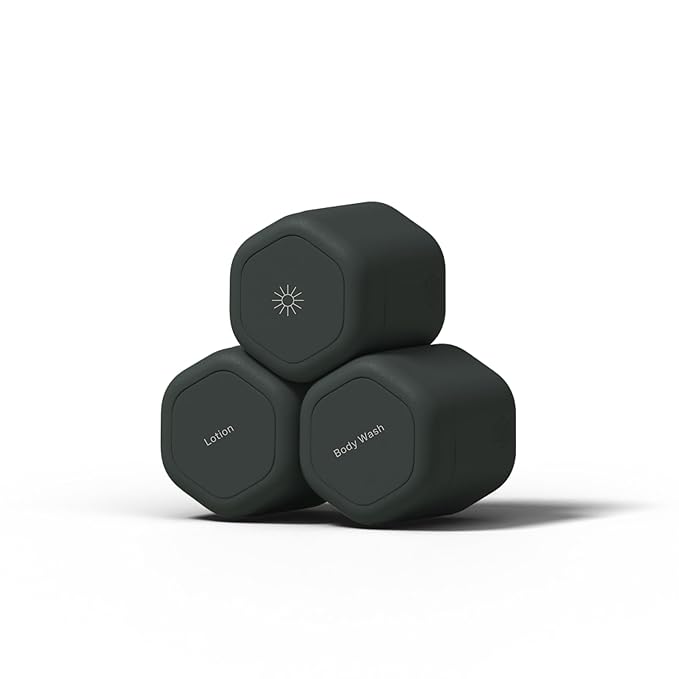 Cadence Travel Containers - Body Care Capsule Set - Magnetic Containers with Lids,Carry On Travel Essentials for Women/Men - 3 Flex Mediums (1.32oz) - Body Wash, Lotion & Sun Icon Labels - Charcoal