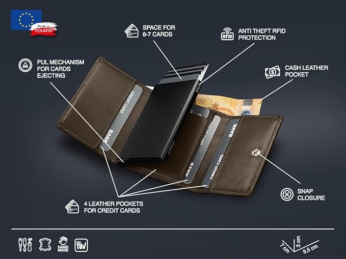 PULARYS Mini Wallet BOSTON - Multifunckion Credit Card Case - Italian Leather - RFID blocking - Size: 7.5 x 9.5 x 2.5 cm - Space for up to 10 Cards - Snap Fastener - Classic Design