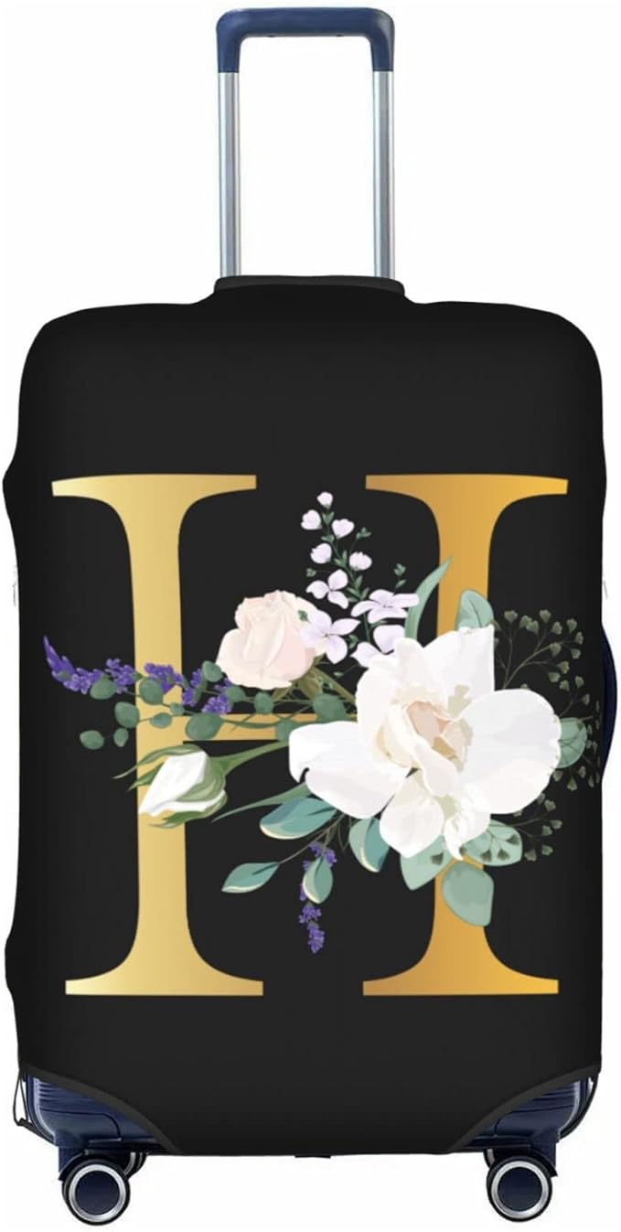 Flower Letter H Black Luggage Cover Elastic Washable Stretch Suitcase Protector Anti-Scratch Travel Suitcase Cover for Kid and Adult XL (29-32 inch suitcase)