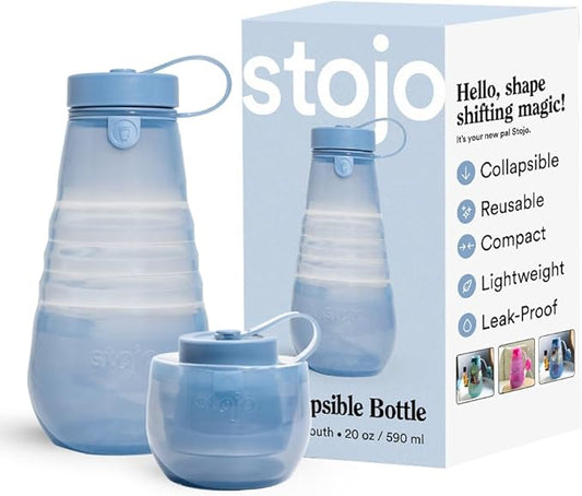 STOJO Collapsible Sports Water Bottle - Leak-Proof Reusable Silicone Travel Cup for Hot & Cold Drinks - Microwave & Dishwasher Safe - AS SEEN ON TODAY SHOW - Parent (Translucent Steel)