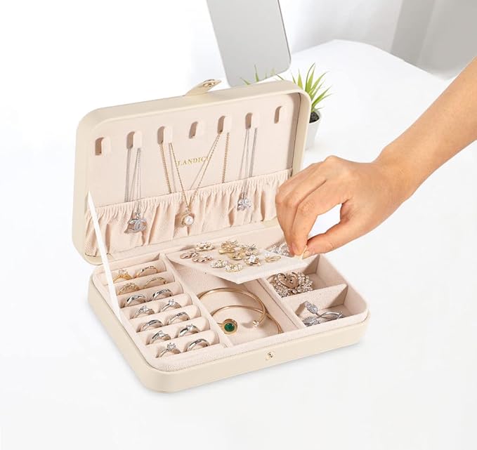 LANDICI Small Jewelry Box for Women Girls, PU Leather Travel Jewelry Case, Portable Jewelry Organizer Storage Holder Display for Ring Earrings Necklace Bracelet Brooch Men Kids Gift, Apricot