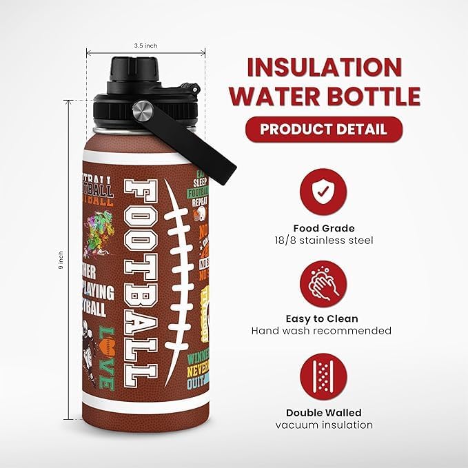 American Football Insulated Stainless Steel Water Bottle 32oz, Vacuum Chug Lid Travel Tumbler for Men Friends Dad Football Lovers Fans Coaches, Gift for Birthday Christmas Father's Day