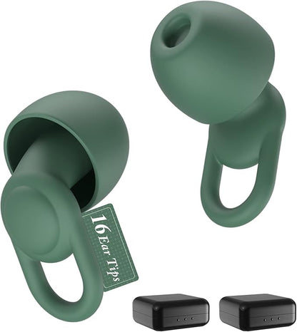 Silicone Ear Plugs for Noise Reduction - Reusable Soft Comfortable Earplugs for Sleeping,Noise Sensitivity & Flights -16 Ear Tips in XS/S/M/L, with 2 Travel Boxes - 33dB Noise Cancelling (Olive Green)
