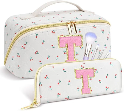 Personalized Travel Makeup Bag Set,Initial Travel Cute Cherry Makeup Organizer Bag,Toiletry Skincare Cosmetic Bag,Christmas Gifts for Women/Girls,Open Flat Toiletry Pouch with Brush Pocket-T