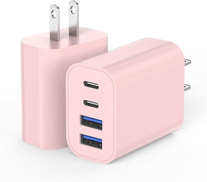 2 Pack USB C Wall Charger,40W Apple iPhone 17 Charger Block 4-Port Multiport PD Power Adapter + QC Wall Plug USBC Fast Charging Block Adapter for iPhone 17/Air/16e/17/16/15 Pro Max/14/13/12/iPad(Pink)