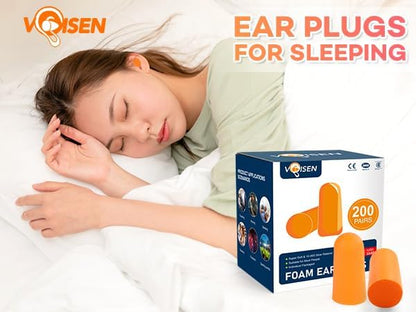 VOISEN Ear Plugs,200 Pairs EarPlugs for Sleeping,32dB NRR 37dB SNR Ear Plug Noise Cancelling for Snoring, Studying, Loud Events, Traveling & Concerts, Individual Package