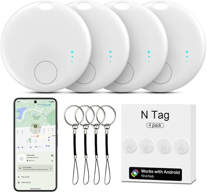 Smart Tags-4 Pack for Android Tracker Tags, Bluetooth Tracker, Work with Google's Find Hub App, Item Finder for Keys, Item Locator for Wallet, Suitcases (White)
