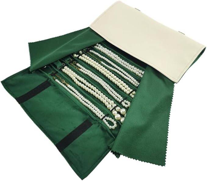 Portable Jewelry Roll Untangled Secure Necklace Travel Storage Bag Displays Holder 16 Chain (gray PU and green)