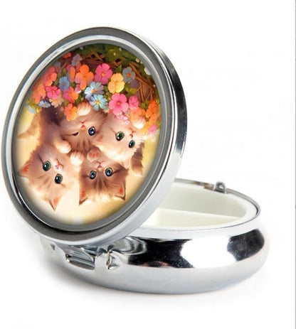 Pill Box,Cats Cat Round Pill Box 3 Compartment Decorative Pocket Purse Portable Mini Travel Medicine Tablet Vitamin Holder Organizer Pill Case