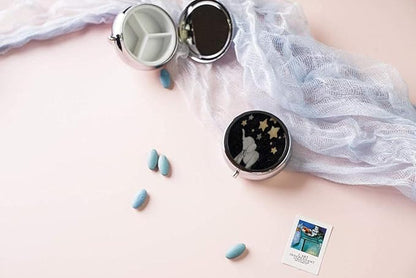 Pill Box,Cute Elephant Under The Star Round Pill Box 3 Compartment Decorative Pocket Purse Portable Mini Travel Medicine Tablet Vitamin Holder Organizer Pill Case