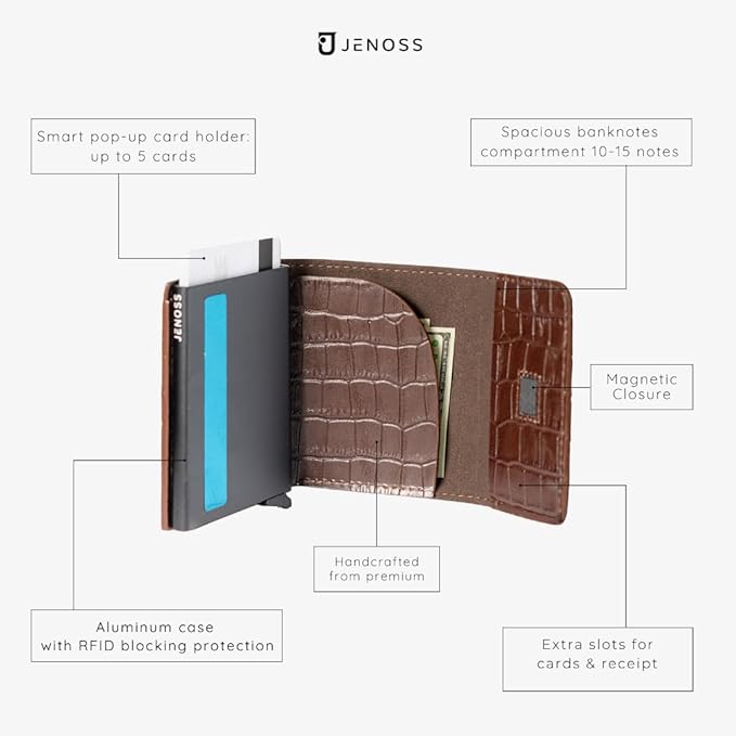 Jenoss Smart Wallet For Men: Full Grain Leather, Handcrafted, Slide Metal Pop Up Case, Slim RFID Blocking Credit Card Holder, Minimalist, Compact, 6-8 Cards Organizers, Front Pocket, Clip (Burgandy)