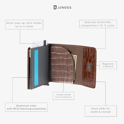 Jenoss Smart Wallet For Men: Full Grain Leather, Handcrafted, Slide Metal Pop Up Case, Slim RFID Blocking Credit Card Holder, Minimalist, Compact, 6-8 Cards Organizers, Front Pocket, Clip (Burgandy)