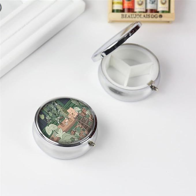 Pill Box,Cute Kawaii Anime Round Pill Box 3 Compartment Decorative Pocket Purse Portable Mini Travel Medicine Tablet Vitamin Holder Organizer Pill Case