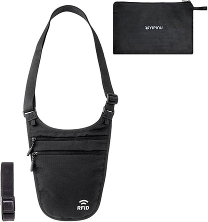 Crossbody Money Belt for Travel Women & Men Hidden, Travel Wallet Pouch - Slim Passport Holde, RFID Blocking Neck Wallet Under Clothes to Protect Cash, Credit Cards and Documents (BLACK)