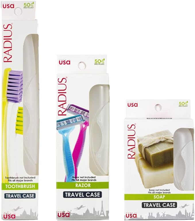 RADIUS Toothbrush Portable Travel Case Kit Standard Toothbrush Soap Razor Case Storage Box for Travel BPA Free 3 Count - Opaque White