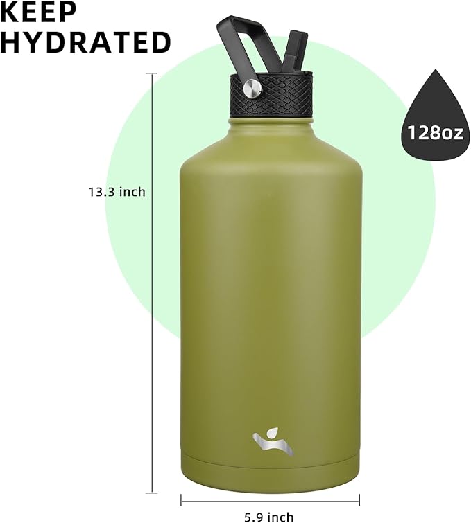 Gallon Insulated Water Bottle with Straw,128 oz 3 Lids Water Jug with Carrying Bag,Paracord Handle, Double Wall Vacuum Stainless Steel Metal Flask,Forest Green