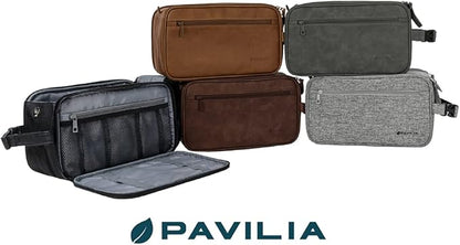 PAVILIA Toiletry Bag for Men, Travel Essentials Shaving Dopp Kit, Mens Travel Bag Toiletries Organizer Case for Grooming, PU Leather Water Resistant Cosmetic Bag Pouch (XL, Brown)