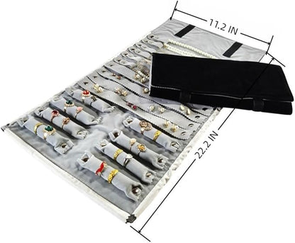 Velvet Travel Jewelry Case Roll Bag Organizer for Necklace Bracelet Earrings Ring (Black) (Black and Grey)