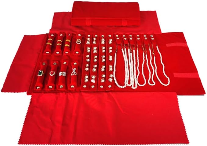 Velvet Travel Jewelry Case Roll Bag Organizer for Necklace Bracelet Earrings Ring (Black) (Red)