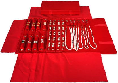 Velvet Travel Jewelry Case Roll Bag Organizer for Necklace Bracelet Earrings Ring (Black) (Red)