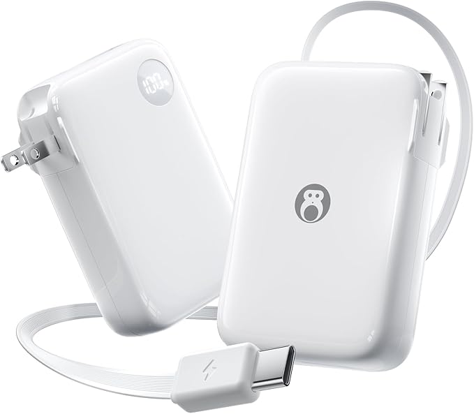 HOU 10000mAh Portable Power Bank with Retractable USB-C Cable, 35W Fast Charging, Dual Device Charging, Foldable Wall Plug, FCC/UL Certified 3 in 1 PD Charger for iPhone, Samsung, iPad, etc