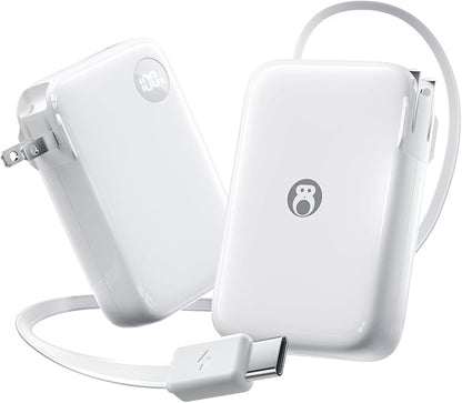 HOU 10000mAh Portable Power Bank with Retractable USB-C Cable, 35W Fast Charging, Dual Device Charging, Foldable Wall Plug, FCC/UL Certified 3 in 1 PD Charger for iPhone, Samsung, iPad, etc