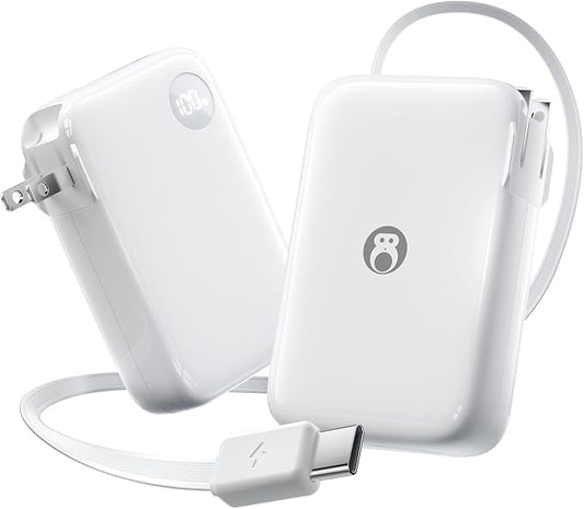 HOU 10000mAh Portable Power Bank with Retractable USB-C Cable, 35W Fast Charging, Dual Device Charging, Foldable Wall Plug, FCC/UL Certified 3 in 1 PD Charger for iPhone, Samsung, iPad, etc