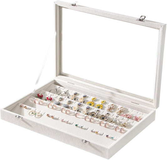 Coward Earring Organizer Tray Box, Beige Velvet Earring Jewelry Display Storage Tray Case with Transparent Glass Lid for Home Drawer or Shop Selling