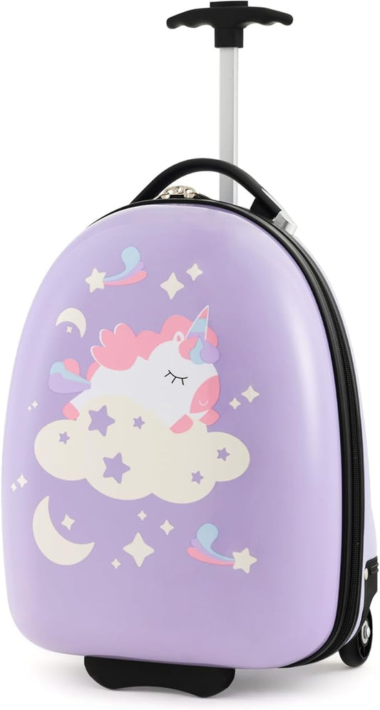 HONEY JOY Kids Luggage, 16” Children Rolling Suitcase w/Wheels & Telescopic Handle, Hard Shell Lightweight Travel Luggage for Toddlers, Carry On Luggage with Wheels for Boys Girls(Purple Unicorn)
