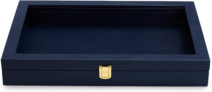 Oirlv Premium Blue Leather Flat Jewelry Tray with Acrylic Lid Jewelry Organizer Case Showcase Big Necklace Display Organizer Box with Locks for Security
