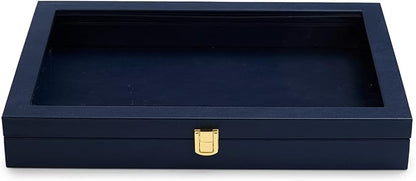 Oirlv Premium Blue Leather Flat Jewelry Tray with Acrylic Lid Jewelry Organizer Case Showcase Big Necklace Display Organizer Box with Locks for Security