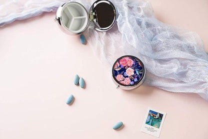 Pill Box,Flowers and Hummingbirds Round Pill Box 3 Compartment Decorative Pocket Purse Portable Mini Travel Medicine Tablet Vitamin Holder Organizer Pill Case