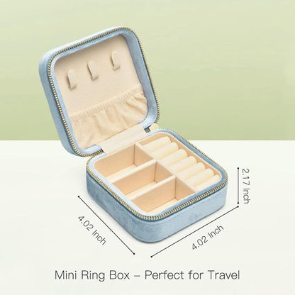 TAIMY Plush Velvet Travel Jewelry Box, Small Travel Jewelry Case, Portable Mini Jewelry Travel Organizer Boxes for Rings Earrings Necklaces Bracelets(Light Blue,No Mirror)