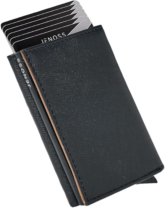 Jenoss Smart Wallet For Men: Full Grain Leather, Handcrafted, Slide Metal Pop Up Case, Slim RFID Blocking Credit Card Holder, Minimalist Compact 12 Cards Slot Organizers ID Money Clip (Black & Brown)