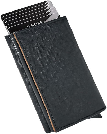 Jenoss Smart Wallet For Men: Full Grain Leather, Handcrafted, Slide Metal Pop Up Case, Slim RFID Blocking Credit Card Holder, Minimalist Compact 12 Cards Slot Organizers ID Money Clip (Black & Brown)