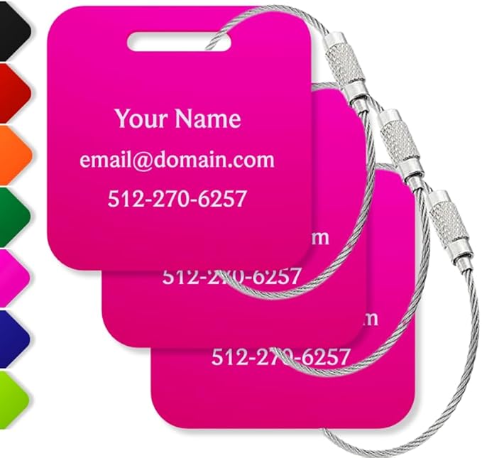 Custom Luggage Tags (3 or 6 Pack) - Personalized Unique Suitcase & Backpack Travel, Durable, Waterproof & Heavy Duty (Hot Pink)