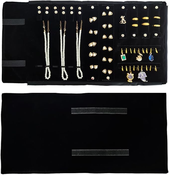 Velvet Travel Jewelry Case Roll Bag Organizer for Necklace Bracelet Earrings Ring (Black) (Black（6+2+4+2)