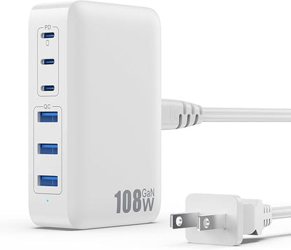 USB C Charger Block Charging Station,108W GaN III 6 Port 3xQC+3xPD Wall Charger Adapter Plug Cube,Super Fast Type C Charging Hub Box for iPhone 17 16 15 14 13 Pro Max iPad Samsung Pixel 5ft Cord-White