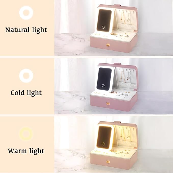 Custom 3-Layer Travel Jewelry Case Personalized Name Birth Flower Jewelry Organizer and Storage With 3 Colors LED Makeup Mirror Mother Jewelrys Box Gifts For Women Nana Size 9.25×6.3×3.54 INCH