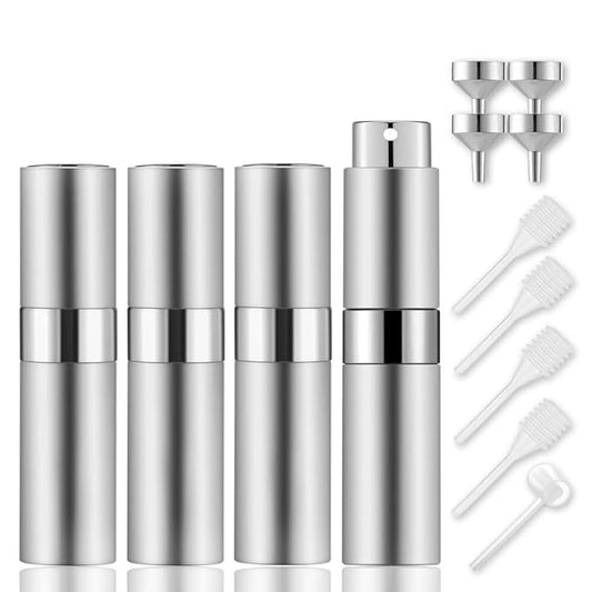 Lil Ray 8ml Portable Mini Perfume Atomizer(4 PCS)，Refillable Empty Small Spray Bottle for Travel, Twist Type Pocket Cologne Sprayer (Silver)