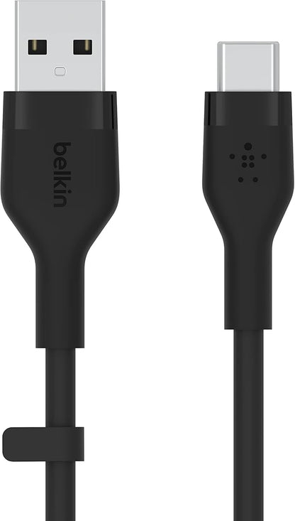 Belkin BoostCharge Flex Silicone USB-A to USB-C Cable (2M/6.6ft) for iPhone 16, iPhone 16 Pro, Galaxy S25, S24, Note, Pixel 9 & 8, Nintendo Switch 2, Carplay & More with Cable Clip - Black