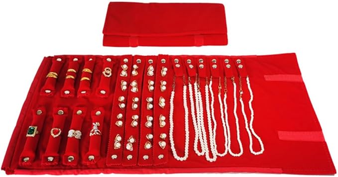 Velvet Travel Jewelry Case Roll Bag Organizer for Necklace Bracelet Earrings Ring (Black) (Red)