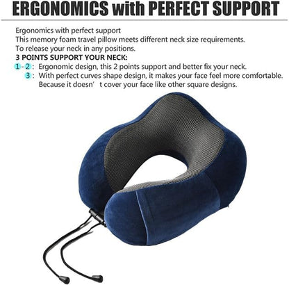 Airplane Travel Neck Pillow, 100% Memory Foam Ergonomic Neck Support, Airplanes Neck Pillow with Washable Cover Travel Essential for Flight Car & Office Includes Eye Masks, Earplugs & Carry Bag (Blue)