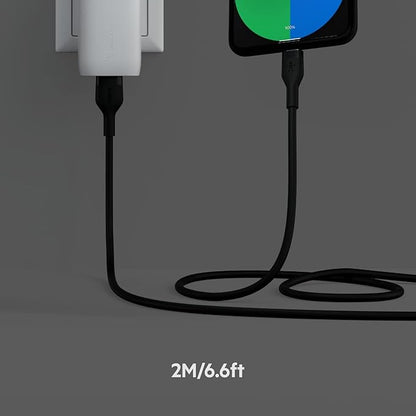 Belkin BoostCharge Flex Silicone USB-A to USB-C Cable (2M/6.6ft) for iPhone 16, iPhone 16 Pro, Galaxy S25, S24, Note, Pixel 9 & 8, Nintendo Switch 2, Carplay & More with Cable Clip - Black