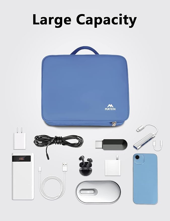 MATEIN Cable Organizer Bag, Large Travel Tech Organizer Water Resistant Electronic Accessories Case with Handle for Tablet, Cables, USB, Hard Drive, Double Layers Travel Gift for Men and Women, Blue