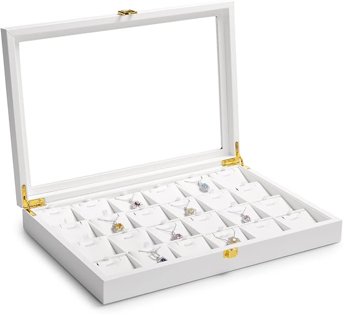 Oirlv White Leather Jewelry Organizer Tray with Acrylic Lid Drawer Insert Jewelry Storage Box with 24 Removable Jewelry Cards Pendant Necklace Display Case Women Gift