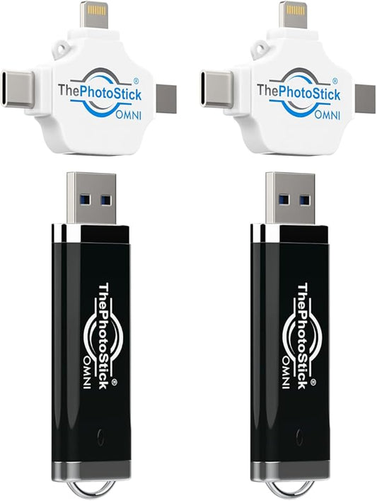 ThePhotoStick® Omni 128GB (2 Pack) - Photo & Video Backup and Transfer | Digital File Organizer | USB & Multiport Connection for Phones, Tablets and Computers | Portable Memory | External Storage