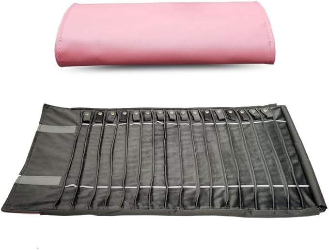 Portable Jewelry Roll Untangled Secure Necklace Travel Storage Bag Displays Holder 16 Chain (Pink PU and gray velvet)