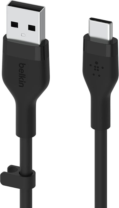 Belkin BoostCharge Flex Silicone USB-A to USB-C Cable (2M/6.6ft) for iPhone 16, iPhone 16 Pro, Galaxy S25, S24, Note, Pixel 9 & 8, Nintendo Switch 2, Carplay & More with Cable Clip - Black
